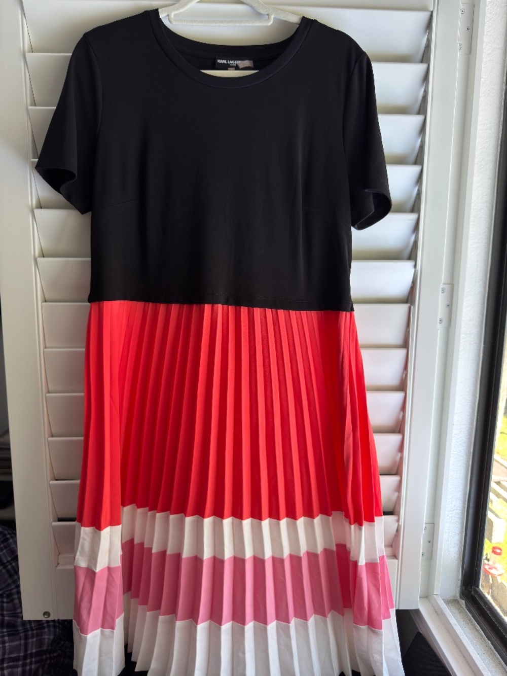 Karl Lagerfeld Black Top with Red, Pink & White Pleated Midi Dress